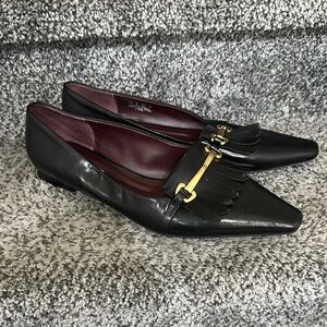 Franco Sarto Black Leather Kiltie Loafers with Gold Hardware